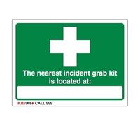 Bleedsave Señal de seguridad de vinilo autoadhesivo con texto en inglés "The Nearest Incident Grab Kit Is Located - Call 999 200 x 150 mm