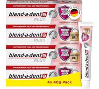 Blend-a-dent Plus Barrera contra restos de alimentos, crema adhesiva para dentaduras completas y parciales, fabricada en Alemania, sabor neutro, 4 x 40 g, naranja