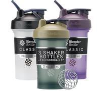 BlenderBottle Classic V2 - Botella mezcladora perfecta para batidos de proteínas y entrenamiento previo, 20 onzas (paquete de 3), negro, bronceado/azul, morado
