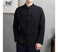 BlesConi Traje Tang de estilo chino para hombre, chaqueta de uniforme de Kung Fu, Tai Chi, con botones, cuello alto, manga larga, abrigo de lino y algodón para vacaciones casuales (L negro)