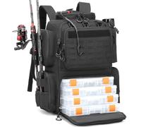 BlesMaller Mochila de Pesca de 50L con Soporte & Compartimento de Congelación para Cañas de Pescar, Resistente al Agua, táctico Mochila para Equipo de Pesca (Negro con 4 Cajas)