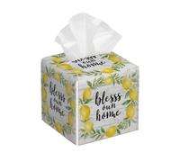 Bless Home - Funda cuadrada para caja de pañuelos de piel sintética, corona de limón en tablero de madera, organizador facial para mesa del hogar, tocador de baño, dormitorio, oficina