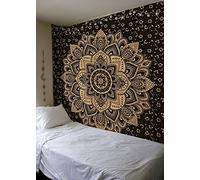 Bless International Tapiz de algodón tradicional indio con diseño de mandala hippie para colgar en la pared, colcha bohemia (Queen (84 x 90 pulgadas) (215 x 230 cm), flor negra y dorada)
