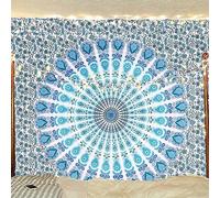 Bless International - Tapiz hippie, indio, bohemio, psicodélico, de mandala de pavo real para colgar en la pared, para el dormitorio universitario, playa, como mantel, ropa de cama (azul cielo pavo