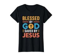 Blessed by God Saved by Jesus Camiseta gráfica económica, Mujer, Negro, L