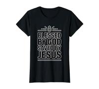 Blessed by God Saved by Jesus Camiseta gráfica económica, Mujer, Negro, M
