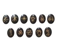 Blessfull Healing 11 piezas Black Nuummite Zonar, Halu, Harth, Rana, Gnosa, Kriya, Iava, Shanti, Dumo, Serpiente de fuego tibetano, Om grabado Karuna Healing Reiki Symbol Set de piedras