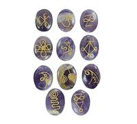 Blessfull Healing 11 piezas de amatista Zonar, Halu, Harth, Rana, Gnosa, Kriya, Iava, Shanti, Dumo, serpiente de fuego tibetana, Om grabado Karuna Healing Reiki símbolo conjunto de piedras