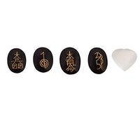 Blessfull Healing Crystal Black Agate 4pcs Piedras de Chakra grabadas Palm Stone Reiki Equilibrio con selenita de corazón