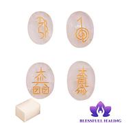 Blessfull Healing Forma ovalada Reiki Healing Crystal Karuna USUI Conjunto de símbolos de 4 piezas Meditación de equilibrio cristal Decoración de la mesa de la oficina en el hogar Con cubo de selenita