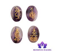 Blessfull Healing Forma ovalada Reiki Healing Crystal Karuna USUI Conjunto de símbolos de 4 piezas Meditación de equilibrio de amatista Home Office Table Decor Con Rose Desert Selenite
