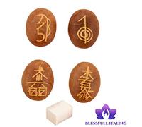 Blessfull Healing Forma ovalada Reiki Healing Crystal Karuna USUI Symbol Set de 4 piezas Amarillo Citrino Equilibrio Meditación Home Office Decoración de mesa Con cubo de selenita