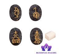 Blessfull Healing Forma ovalada Reiki Healing Crystal Karuna USUI Symbol Set de 4 piezas Larvikite Equilibrio Meditación Home Office Table Decor Con cubo de selenita
