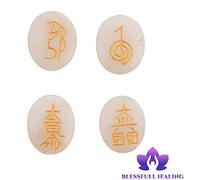 Blessfull Healing Forma ovalada Reiki Healing Crystal Karuna USUI Symbol Set de 4 piezas White Moonstone Equilibrio Meditación Home Office Table Decor Con Rose Desert Selenite