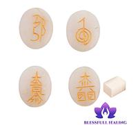 Blessfull Healing Forma ovalada Reiki Healing Crystal Karuna USUI Symbol Set de 4 piezas White Moonstone Equilibrio Meditación Home Office Table Decor Con cubo de selenita