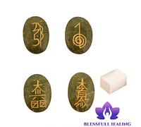 Blessfull Healing Forma ovalada Reiki Healing Crystal Karuna USUI Symbol Set of 4 Pieces Vessonite Stone Balancing Meditation Home Office Table Decor Con cubo de selenita