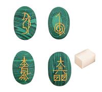 Blessfull Healing Forma ovalada Reiki Healing Crystal USUI Conjunto de símbolos de 4 piezas Meditación de equilibrio de piedra malaquita Meditación Home Office Table Decor Con cubo de selenita