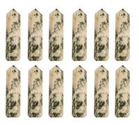 Blessfull Healing Gemstone Moss Agate Reiki Chakra Pulido Varita de cuarzo de 6 facetas Equilibrio de energía Meditación Decoración del hogar Puntos de cristal único Juego de 12 piezas
