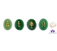 Blessfull Healing Oval o Plam Shape Reiki Healing Crystal Karuna USUI Symbol Set de 4 piezas Green Jade Balancing Meditation Home Office Table Decor Con cubo de selenita