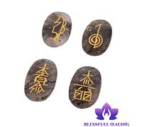 Blessfull Healing Oval Shape Reiki Healing Crystal Karuna USUI Symbol Set of 4 Pieces Black Rutile Balancing Meditation Home Office Table Decor Con Rose Desert Selenite