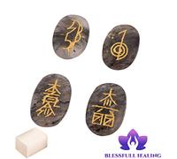 Blessfull Healing Oval Shape Reiki Healing Crystal Karuna USUI Symbol Set of 4 Pieces Black Rutile Balancing Meditation Home Office Table Decor Con cubo de selenita