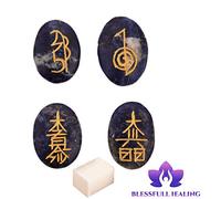Blessfull Healing Oval Shape Reiki Healing Crystal Karuna USUI Symbol Set of 4 Pieces Sodalite Balancing Meditation Home Office Table Decor Con cubo de selenita