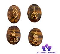 Blessfull Healing Oval Tiger Eye Reiki Healing Crystal Karuna USUI Conjunto de símbolos de 4 piezas Meditación de equilibrio Decoración de la mesa de la oficina en el hogar Con Rose Desert Selenite