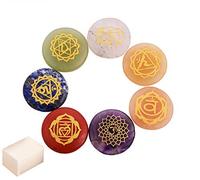 Blessfull Healing Reiki healing crystal round shape 7 pieces Piedras chakra grabadas, Piedras redondas, crystal Healing stones Balance Meditation Home Office decoración de la mesa Con cubo de selenita