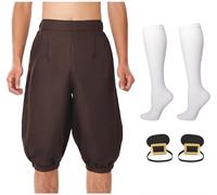 BLESSUME Juego de pantalones de disfraz medieval, 3 piezas, piratas, vikingos, pantalones renacentistas, calcetines, cosplay, zapatos con hebilla, unisex, marrón, XXL