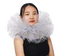 BLESSUME Renacimiento Collar Payaso Malla Victoriano Mujeres Cuello Ruffle Gorguera para Halloween, Carnaval (Blanco/Plata)