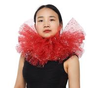 BLESSUME Renacimiento Collar Payaso Malla Victoriano Mujeres Cuello Ruffle Gorguera para Halloween, Carnaval (Rojo/Plata)