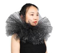 BLESSUME Renacimiento Collar Payaso Malla Victoriano Mujeres Cuello Ruffle Gorguera para Halloween, Carnaval (Negro/Plata)