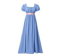 BLESSUME Vestido de Regencia para Mujeres Mangas Abullonadas con Volantes Cinturón Vestido de Baile con Cintura Imperio, azul claro, L