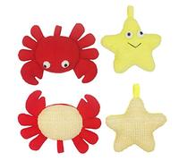 Bleu Bath Pelota de ducha de lino natural para niños pequeños, esponja exfoliante suave para baño, puf de lufa en amarillo estrella de mar cangrejo rojo con bonito diseño de ojos grandes (2 unidades)