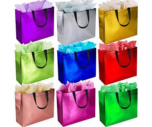 BLEWINDZ 18Pcs Large Gift Bags with Tissues for Presents - 13'' Reusable Non-Woven Gift Goodie Bags with Metallic Shiny - Party Favor Bags Tote Bags for Wedding, Birthday, Christmas