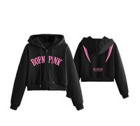 BLI-NK Album Born Pink Sudadera con capucha K-pop Support Impreso Merch Sudadera Algodón Cremallera Camisas(A black-fleece,S)
