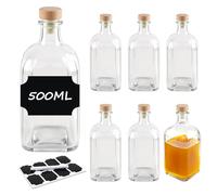 BLIENKREBY 6x Botellas de Vidrio de 500 ml con Corcho, Botella Cristal con Tapón de Corcho, con 8 Etiquetas y Rotulador, Botella Vidrio para Licores Caseros, Aceite & Cerveza Artesanal