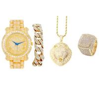 Bling Bling Bling Hip Hop colgante - Reloj de lujo cubierto con cristales transparentes - Pulsera cubana helada y anillo de regalo - Shine Like a Celebrity - Juego de 4 piezas