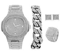 Bling-ed Out It's Lit! - Juego de reloj de estilo hip hop y joyería con pulsera de cadena cubana, pendientes y anillo de cometa, GJM13