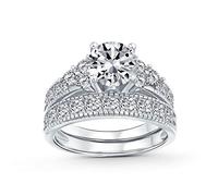 Bling Jewelry 3CT Brillante Solitaire Cubic Zirconia .925 Plata De Ley AAA Cz Aniversario De Boda Anillo De Compromiso Pave Banda Set