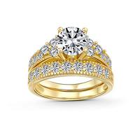 Bling Jewelry 3CT Ronda Solitario Piedras Laterales AAA Cz Pave Anillo De Boda Anillo De Compromiso Conjunto 14K Chapado En Oro .925 Plata De Ley
