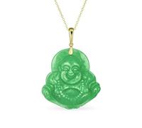 Amuleto Yogi GRANDE Collar Colgante de Buda Riéndose Tallado en Jade Verde Natural Espiritual Piedra Preciosa para Mujeres Hombres Chapado en Oro de 14K Plata de Ley .925 de 18 Pulgadas