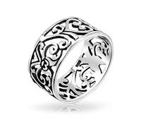 Bling Jewelry Anillo de Banda Ancha con Corazón de Hojas en Espiral Abierta y Enredadera de Filigrana de Plata de Ley .925 para Mujeres y Adolescentes de 8 MM