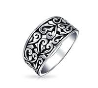 Bling Jewelry Anillo de banda ancha con diseño de hoja en espiral abierta en forma de corazón, de plata de ley oxidada .925, para mujeres y adolescentes, 8 MM