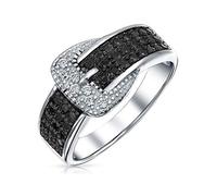 Bling Jewelry Anillo De Banda Con Hebilla De Cinturón De Declaración Con Pavé De Circonita Cúbica Negra CZ Para Mujer En Plata De Ley .925