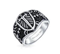 Bling Jewelry Anillo De Banda De Signet Religioso Vikingo Con Escudo Maltés Y Cruz De Flor De Lis Para Hombres En Tono Plateado Oxidado De Acero Inoxidable