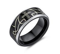 Bling Jewelry Anillo de banda de titanio negro con grabado láser de cruz de espinas de Cristo católico religioso para hombres, ajuste cómodo de 8MM.