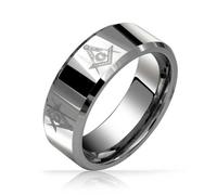 Bling Jewelry Anillo de Boda Masónico de Compás y Escuadra para Hombres de Titanio, Tono Plateado Pulido, Ajuste Cómodo, 8MM