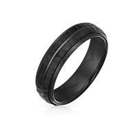 Bling Jewelry Anillo de Boda para Hombre de Titanio Martillado Negro Mate con Ranuras y Rayas, Ajuste Cómodo de 6MM