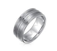 Bling Jewelry Anillo de boda para hombre de titanio mate cepillado con doble ranura de tono plateado ancho, ajuste cómodo 8MM